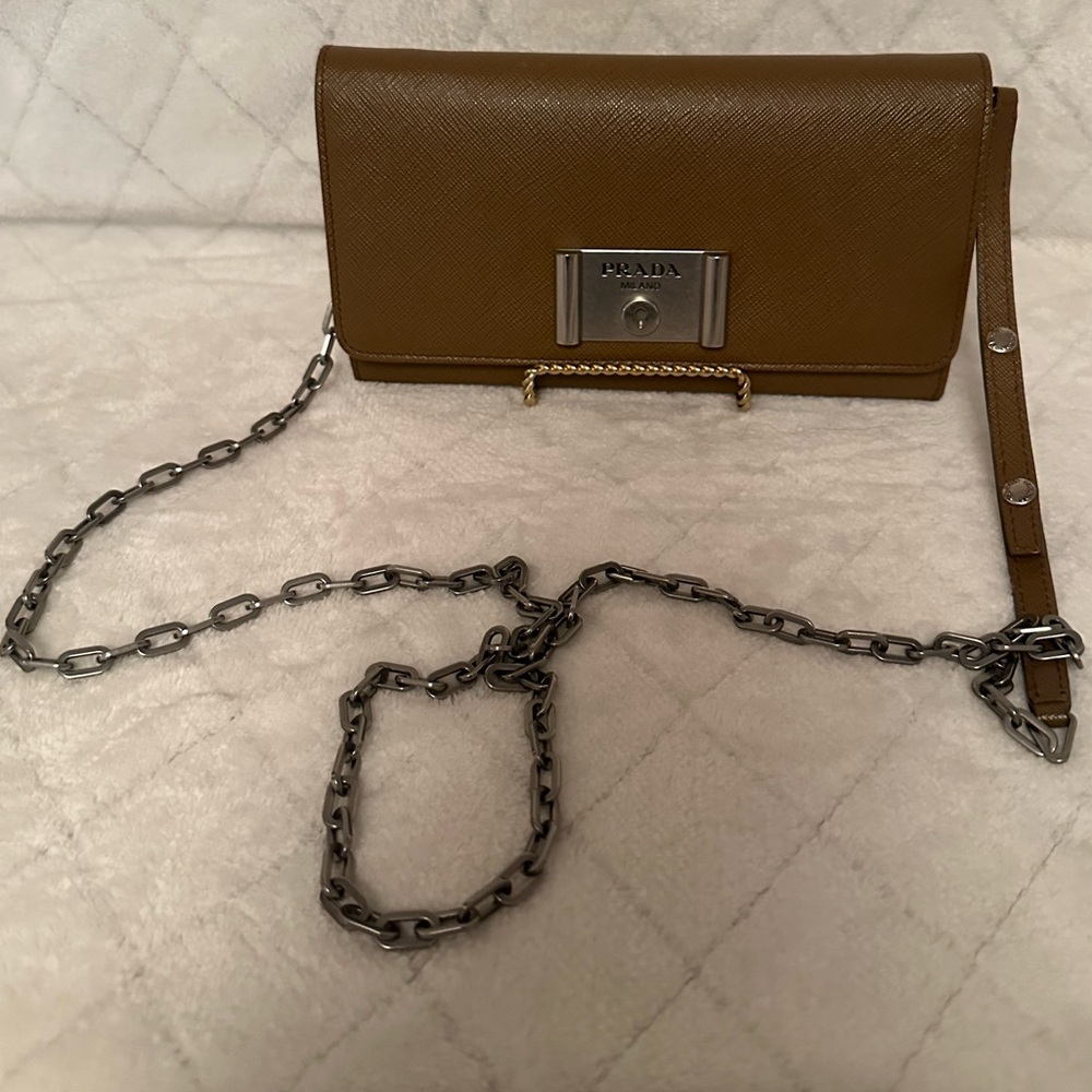 Prada Brown Saffiano Leather Chain Wallet